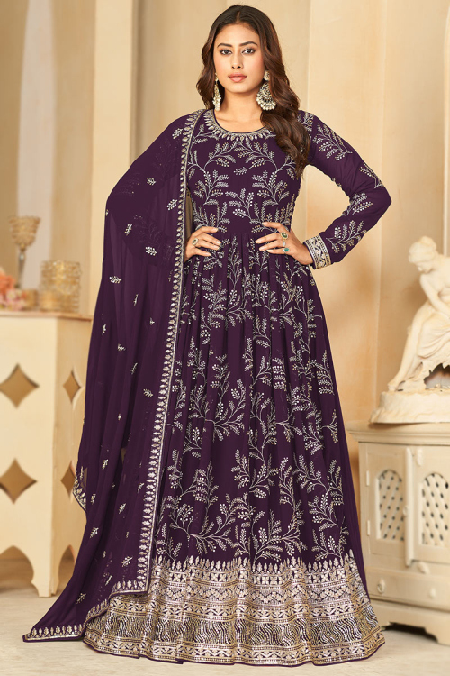 Zari Embroidered Dark Purple Georgette A Line Anarkali Suit