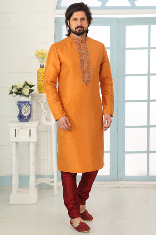 Zari Embroidered Dupion Silk Carrot Orange Men's Kurta Churidar