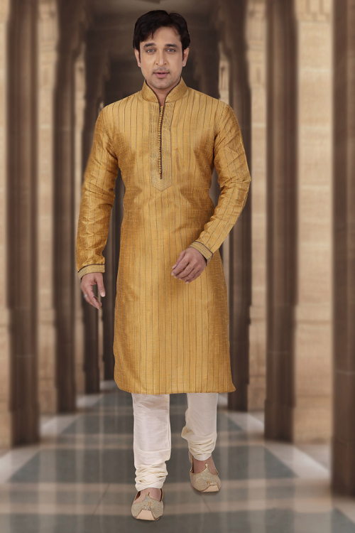Zari Embroidered Dupion Silk Dark Beige Men's Kurta Churidar