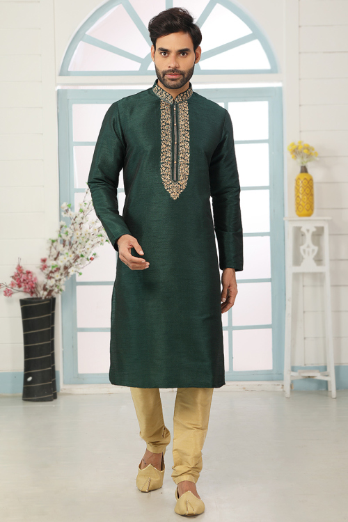 Zari Embroidered Dupion Silk Dark Green Men's Kurta Churidar
