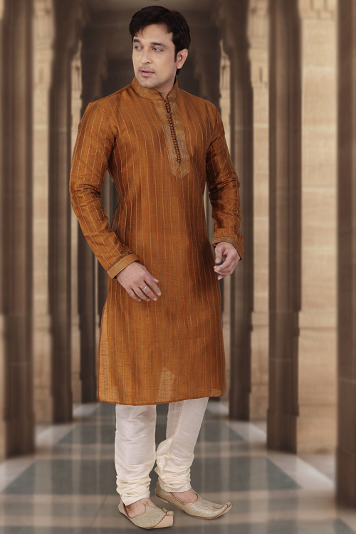 Zari Embroidered Dupion Silk Light Brown Men's Kurta Churidar