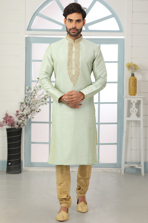 Zari Embroidered Dupion Silk Mint Blue Men's Kurta Churidar