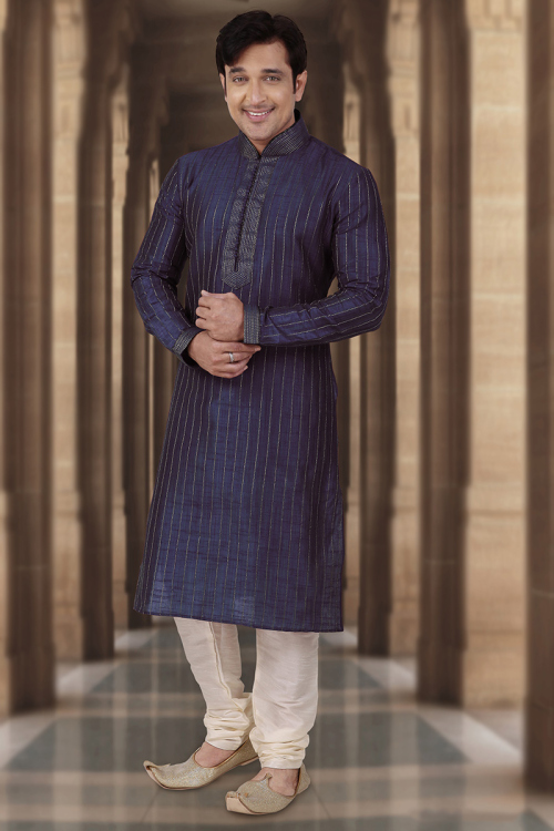 Zari Work Chiffon Navy Blue Men's Kurta Pajama