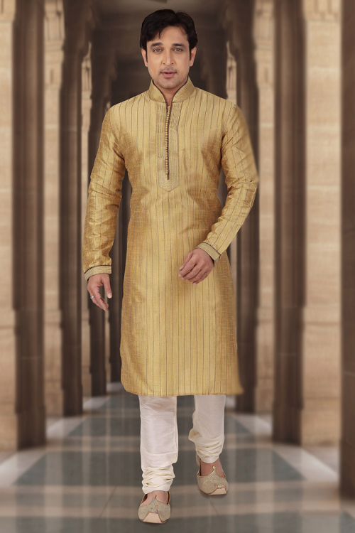 Zari Embroidered Dupion Silk Oat Beige Men's Kurta Churidar