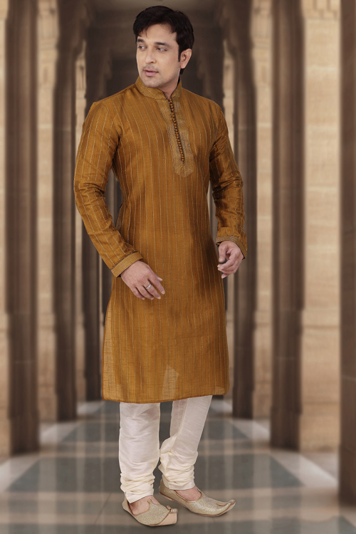 Zari Embroidered Dupion Silk Olive Brown Men's Kurta Churidar