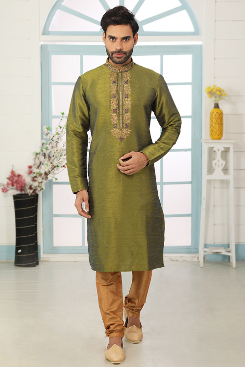Zari Embroidered Dupion Silk Olive Green Men's Kurta Churidar