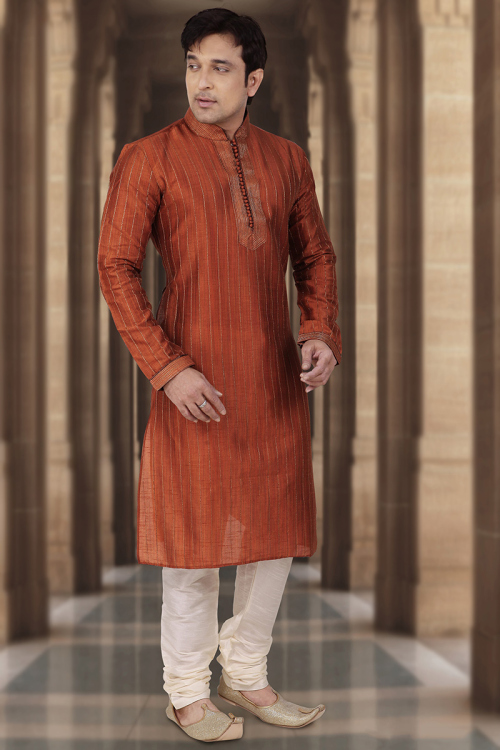 Zari Embroidered Dupion Silk Rust Orange Men's Kurta Churidar