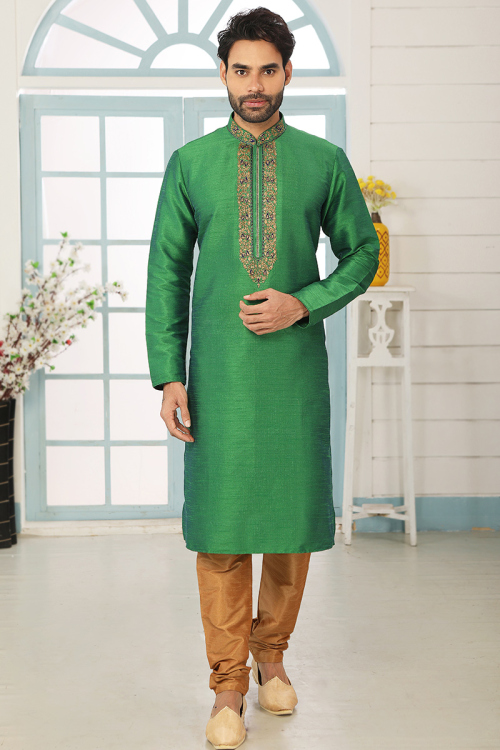 Zari Embroidered Dupion Silk Sea Green Men's Kurta Churidar
