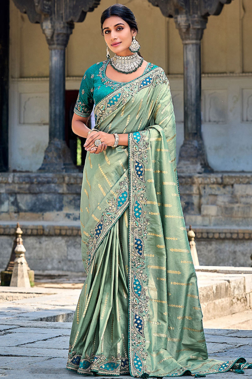 Zari Embroidered Dusty Green Silk Wedding Wear Saree 