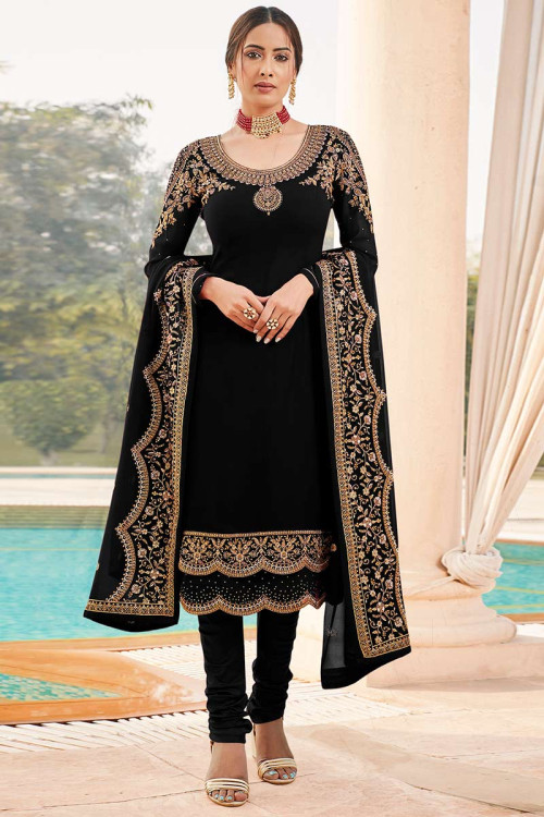 Georgette Black Party Wear Churidar Suit with Zari embroidery