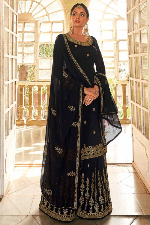 Zari Embroidered Georgette Black Pakistani Sharara Suit for Eid