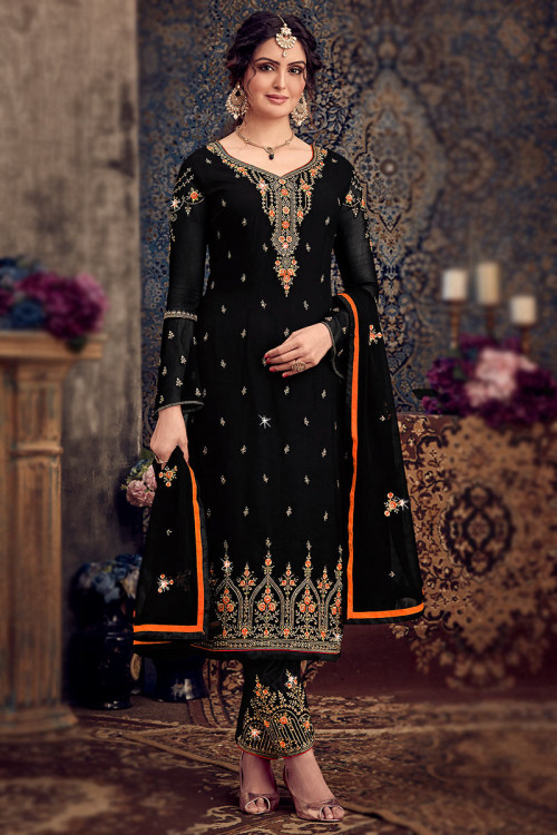 Trouser Suit in Georgette Black with Thread Embroidery for Party 