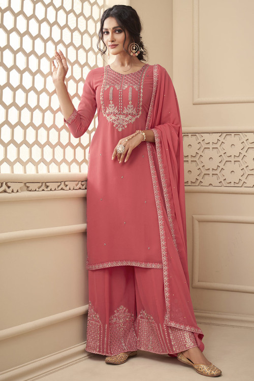 Zari Embroidered Georgette Coral Pink Palazzo Suit