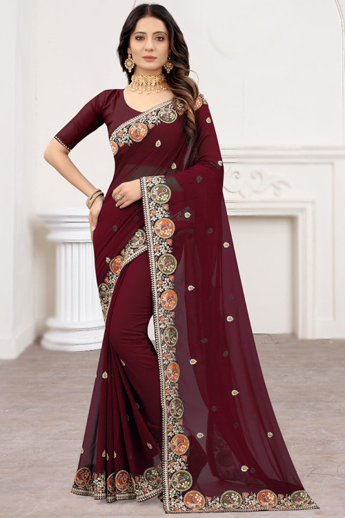 Buy Party Wear Maroon Embroidery Work Georgette Saree Online From Surat  Wholesale Shop.