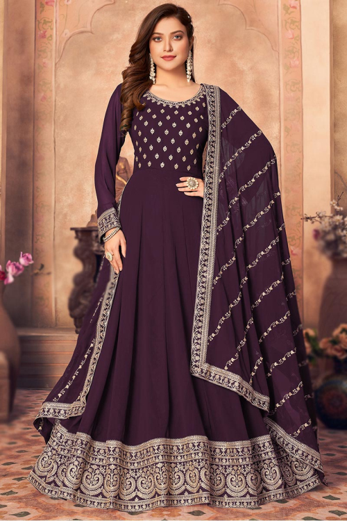 Zari Embroidered Georgette Dark Purple Wedding Anarkali Suit