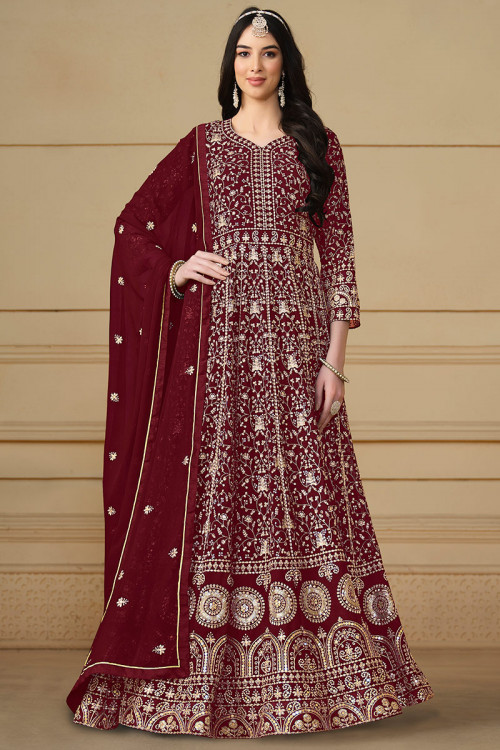 Zari Embroidered Georgette Deep Red A Line Anarkali Suit
