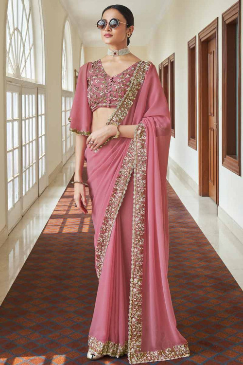 Buy Rani Pink Embroidered Saree Blouse with Golden Lace Online in