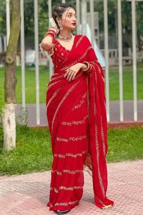 Buy Chhavvi Aggarwal Red Pant Saree With Blouse (Set of 2) online