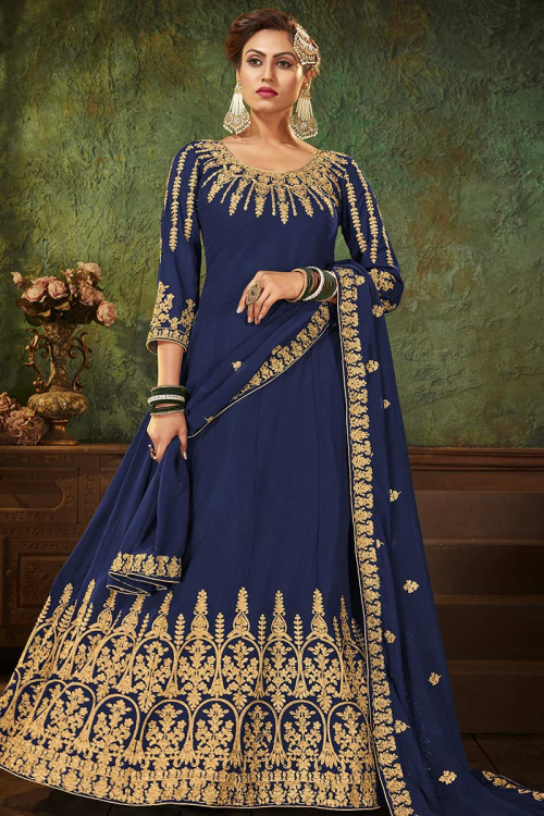Navy Blue Georgette Stone Embroidered Anarkali Bridal Salwar Kameez