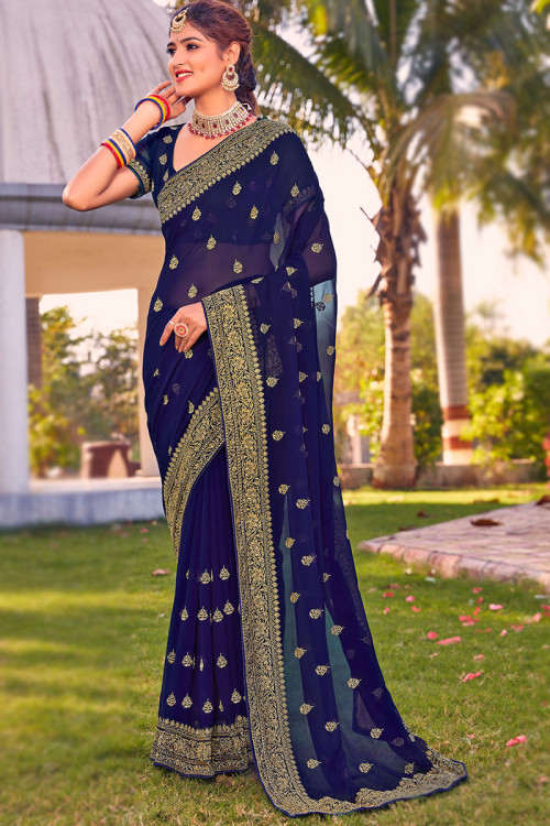 Georgette Saree in Navy Blue colour with Stone Work for Party 
