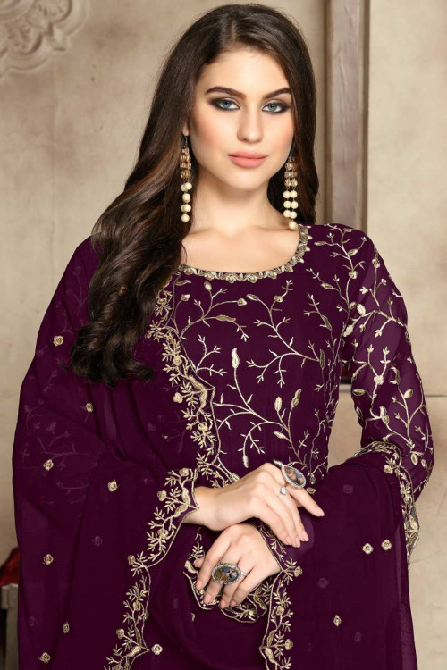 Buy Zari Embroidered Georgette Plum Purple Anarkali Suit Online ...