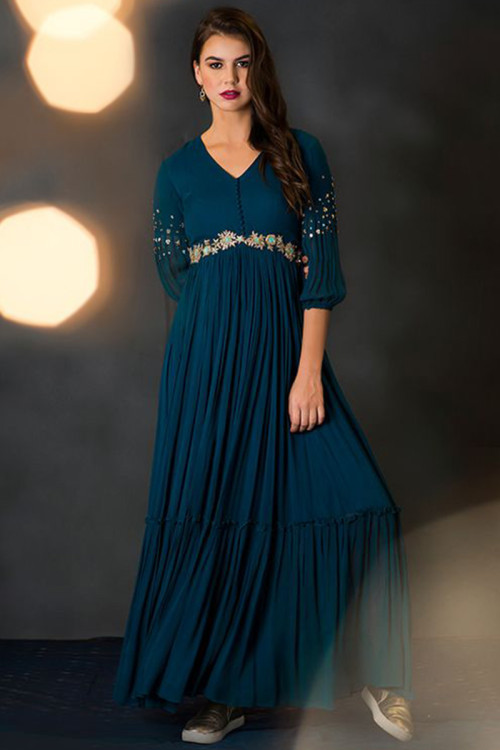 Girls Indian Ethnic Designer Malai Satin Z Blue Party Wear Gown