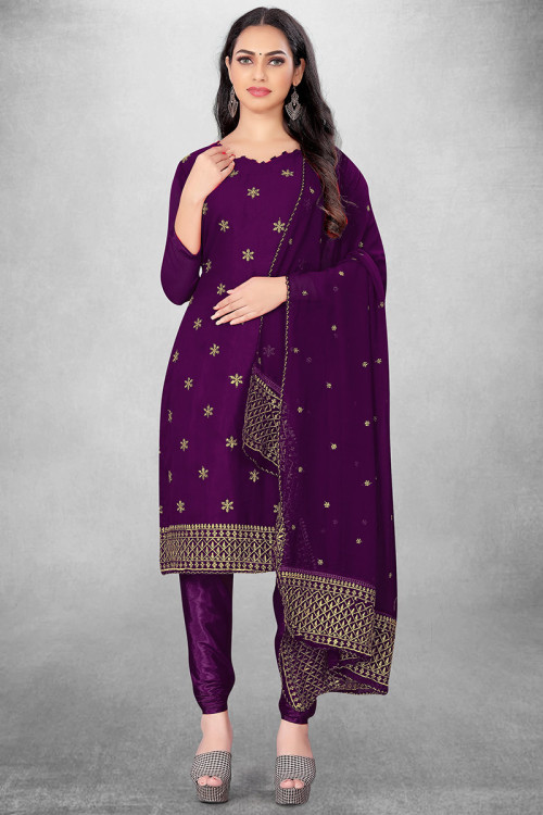 Zari Embroidered Georgette Purple Churidar Suit