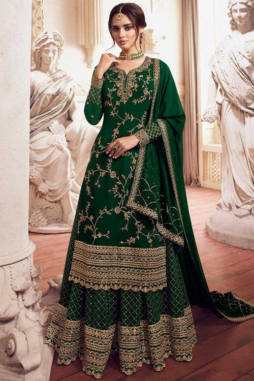 Embroidered Georgette Sharara Suit In Dark Green Colour
