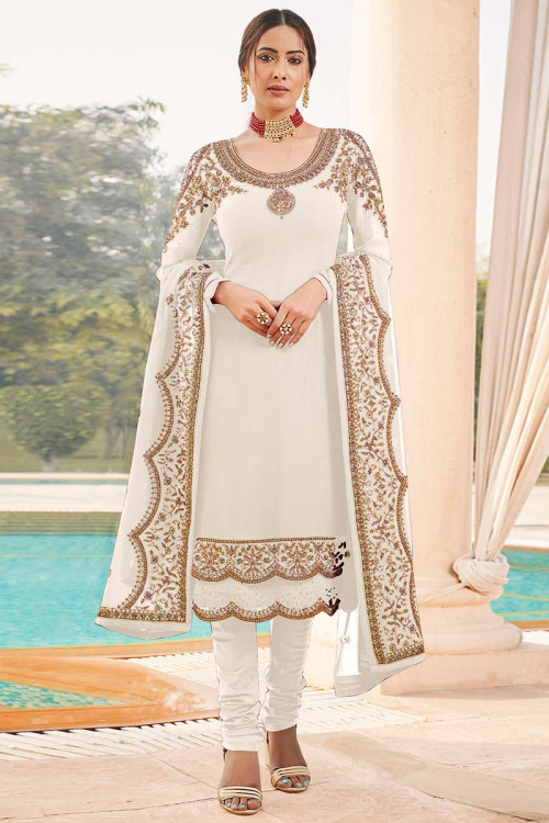 Georgette Churidar Suit with Stone Embroidery in White for Party 
