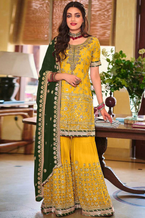 Zari Embroidered Georgette Yellow Sharara Suit