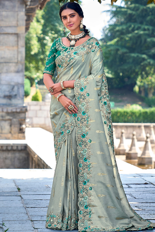 Zari Embroidered Grey Silk Wedding Wear Saree 