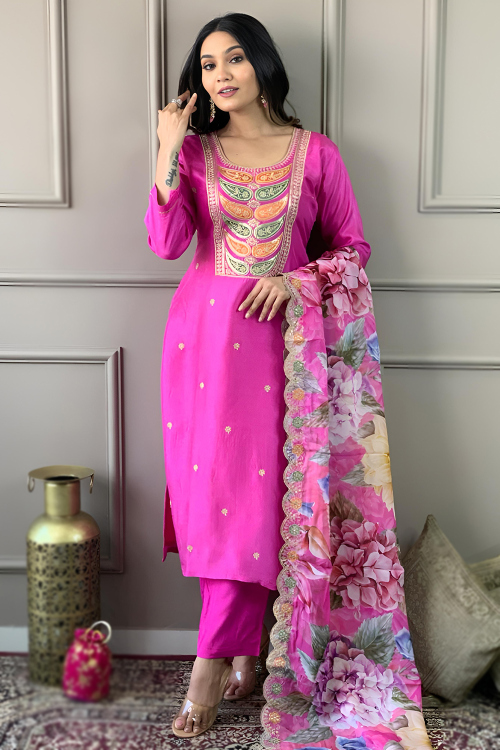 Zari Embroidered Hot Pink Viscose Ready to Wear Straight Cut Suit