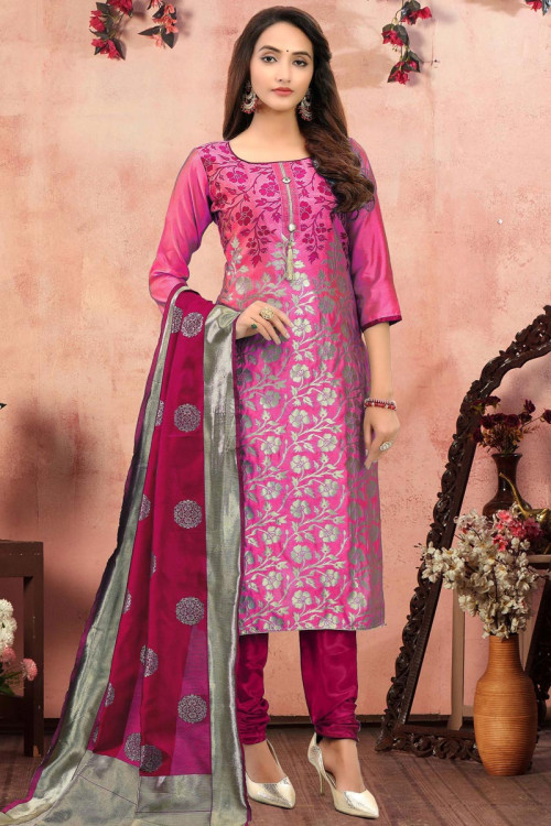 Zari Embroidered Jacquard Pink Churidar Suit