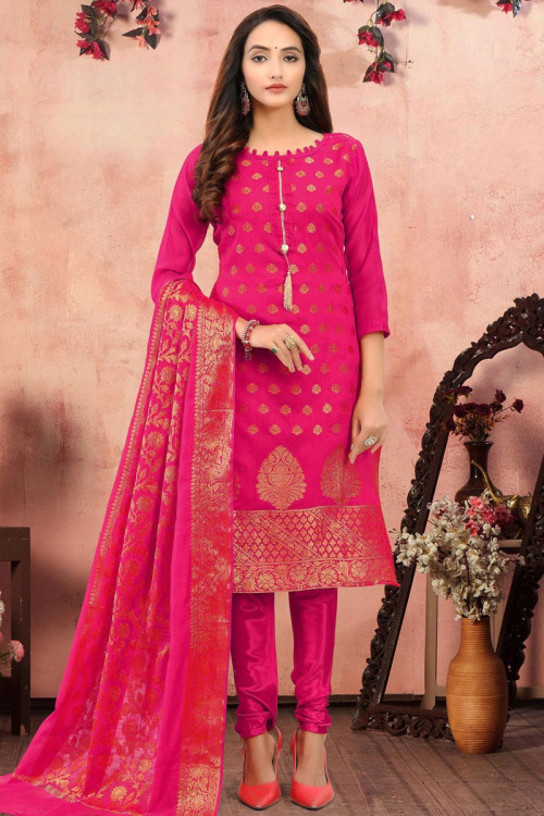 Zari Embroidered Jacquard Punch Pink Churidar Suit