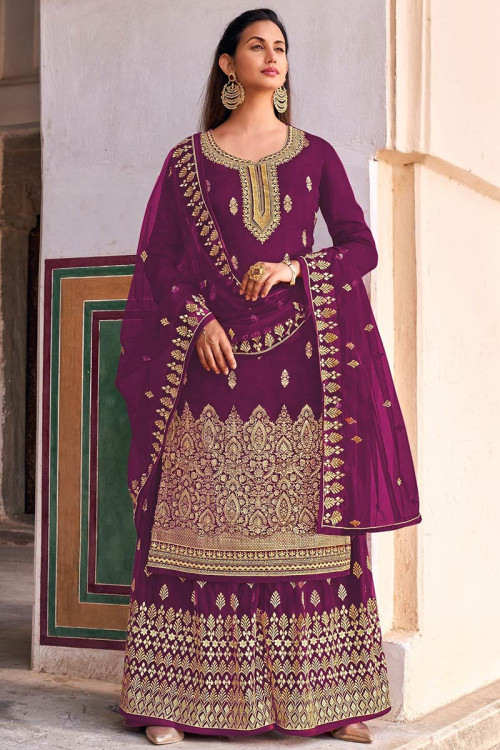 Zari Embroidered Jacquard Purple Sharara Suit