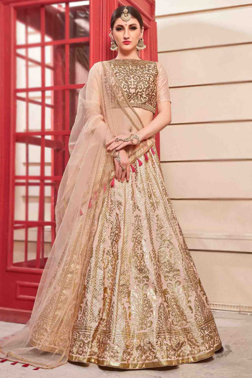 Zari Embroidered Light Peach Silk Panelled Lehenga