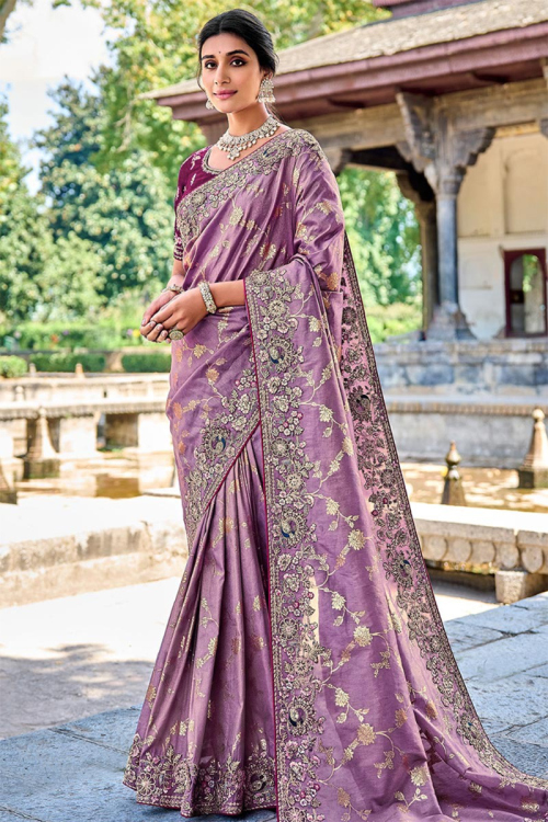 Zari Embroidered Mauve Silk Wedding Wear Saree 