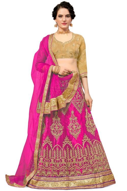 Zari Embroidered Net Magenta Pink Wedding Lehenga