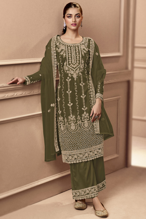 Zari Embroidered Net Olive Green Trouser Suit