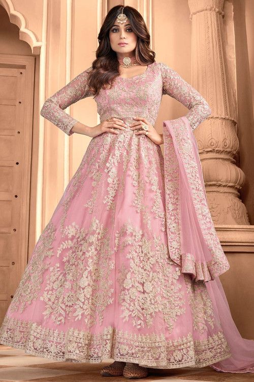 Zari Embroidered Net Pastel Pink Eid Anarkali Suit