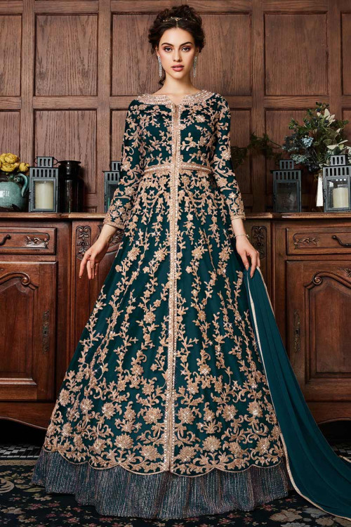 Buy Net Fancy Designer Gown in Green Online : USA 