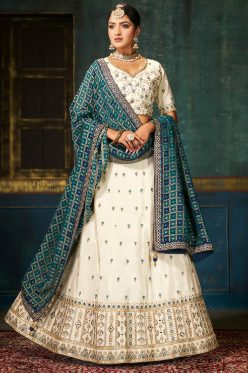 Lavish White Lehenga Choli With Lakhnavi & Mirror Work – Palkhi Fashion