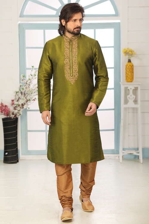 Zari Embroidered Olive Green Dupion Silk Men's Kurta Churidar