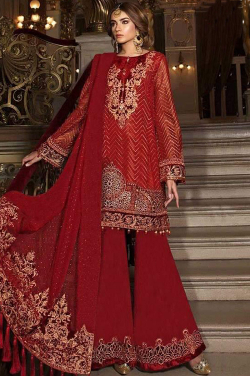 Zari Embroidered Organza Red Sharara Suit