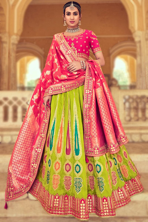 Buy Embroidered, Mirror and Print Work Silk A - Line Lehenga Choli In Green  for Engagement Online : 276887 -