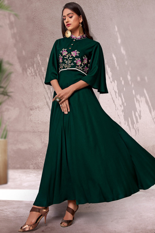 Kurti in Rayon Dark Green with Zari Embroidery for Party 