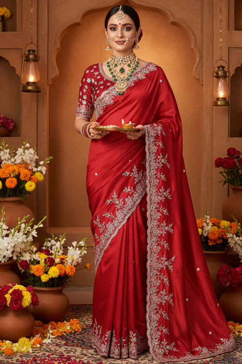 Zari Embroidered Satin Cherry Red Saree for Karva Chauth