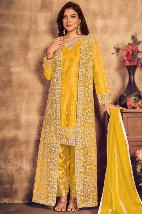 Zari Embroidered Net Mustard Yellow Eid Trouser Suit