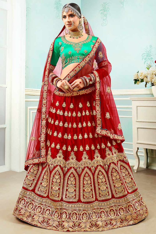 Zari Embroidered Satin Red Lehenga