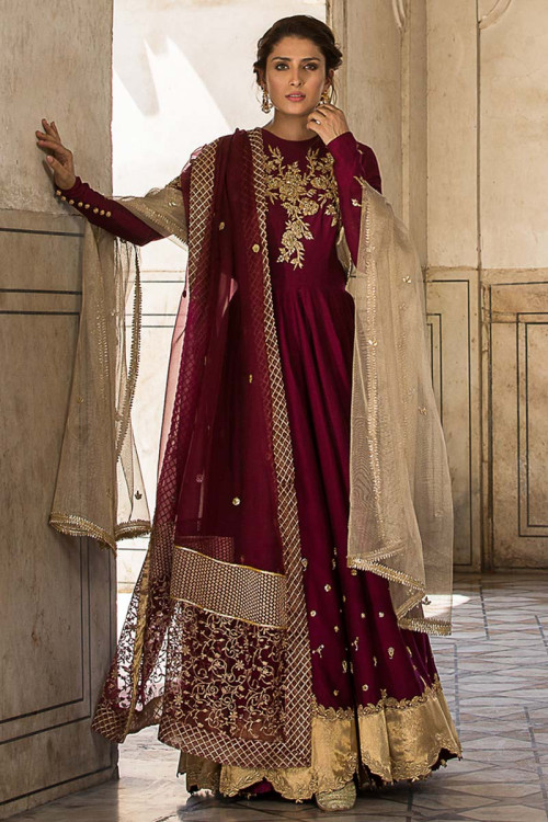 Zari Embroidered Silk Anarkali Suit In Wine Colour